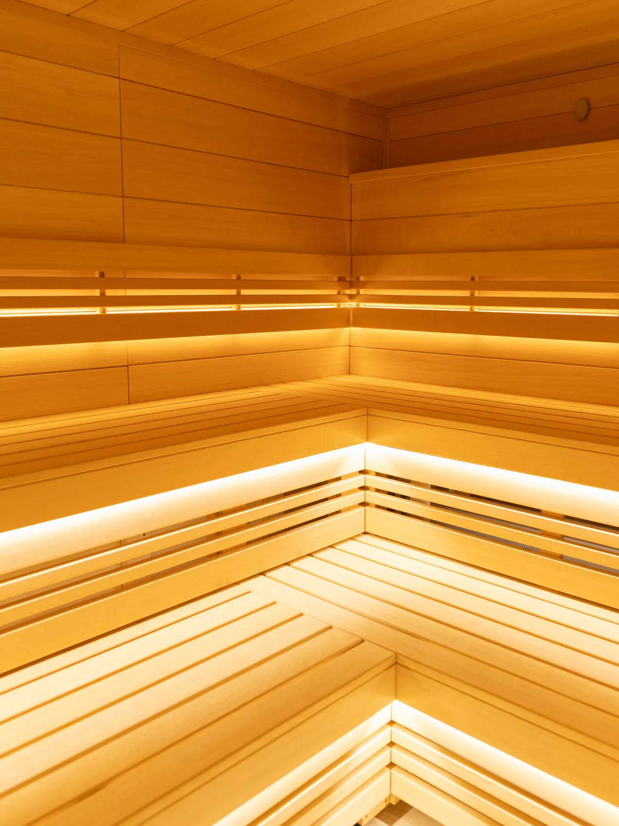 A bench inside a sauna.